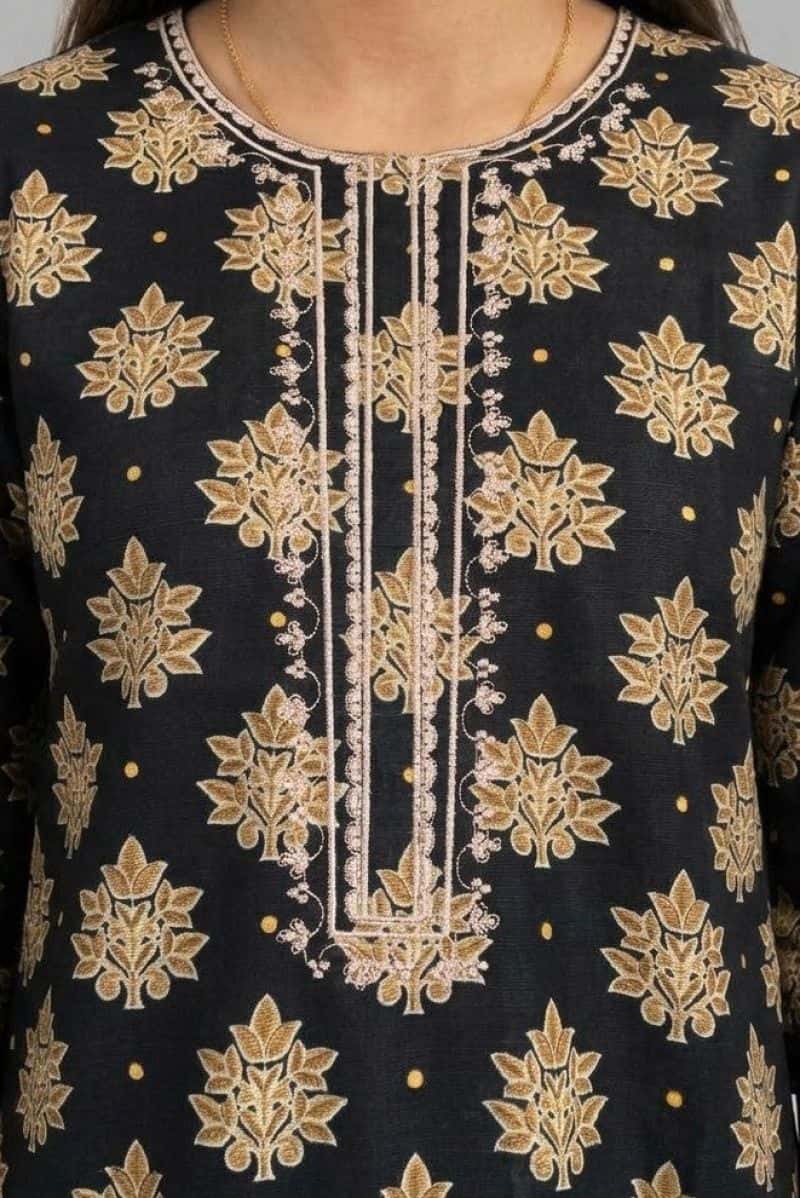 Plum Khaddar Back Colour printed Beige & Yellow patterns embroidered with Beige threads on 2pc stitched suit for Girls - alternate view