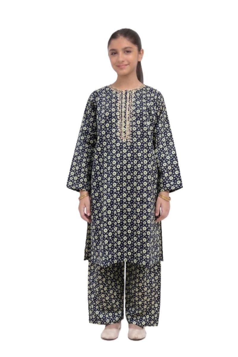 Plum Khaddar Black Colour printed Beige flowers embroidered with Beige threads on 2pc stitched suit for Girls thumbnail