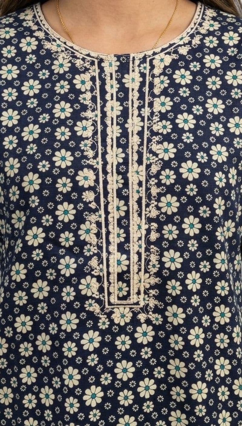 Plum Khaddar Black Colour printed Beige flowers embroidered with Beige threads on 2pc stitched suit for Girls thumbnail