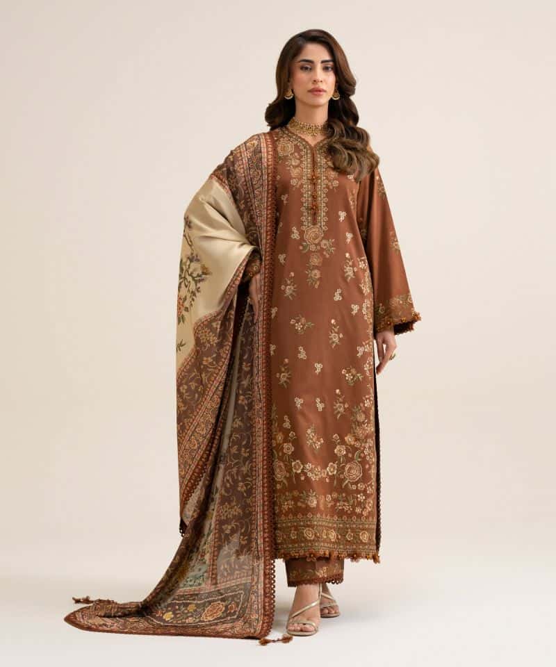 3 Piece - Embroidered Fine Cotton Satin Suit