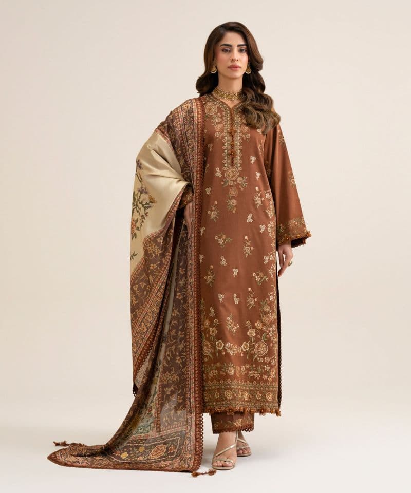 3 Piece - Embroidered Fine Cotton Satin Suit thumbnail
