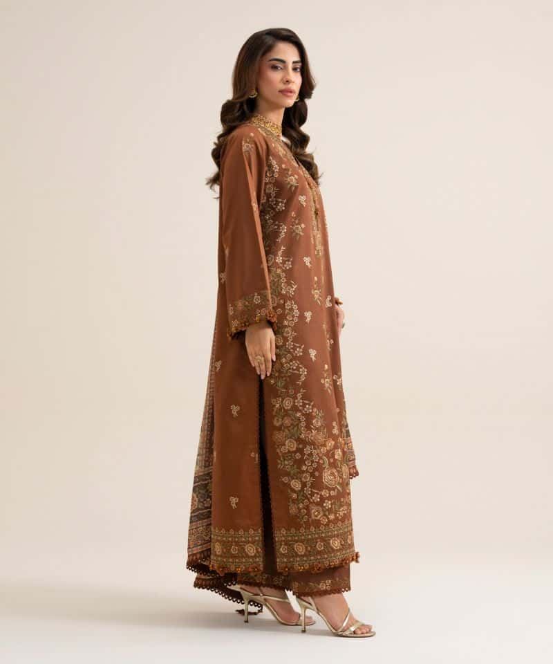 3 Piece - Embroidered Fine Cotton Satin Suit - alternate view