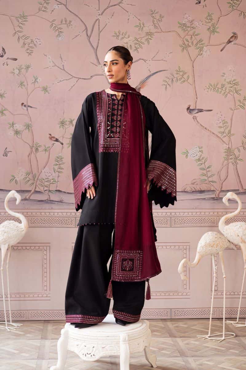 Premium silk and chiffon A premium silk black farshi shalwar and 3 Piece Ready-to-Wear Suit (SN-04)